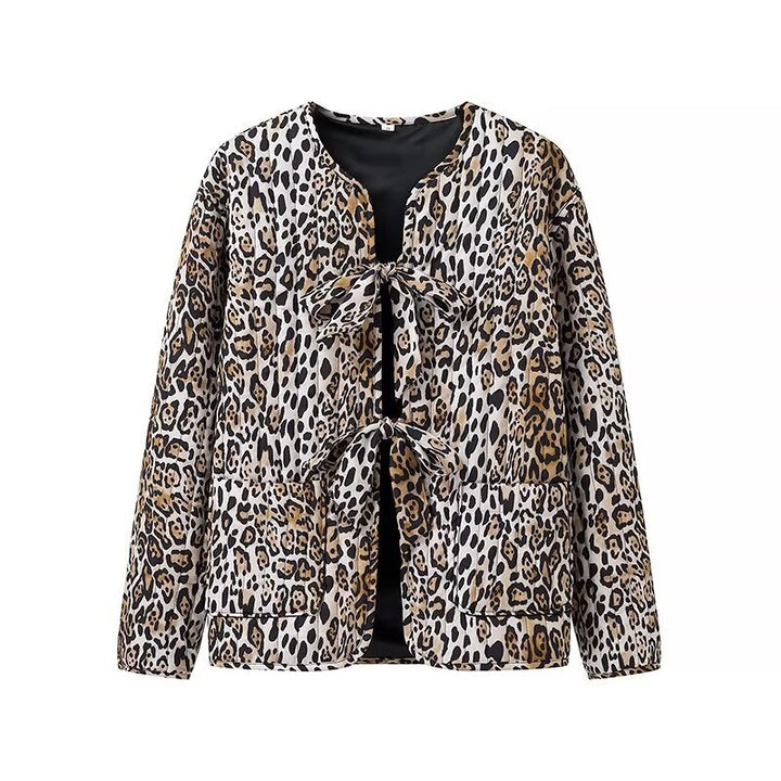 Women's Lightweight Blouson Jacket in Leopard Print with Ties and Patch Pockets Mune Fashion