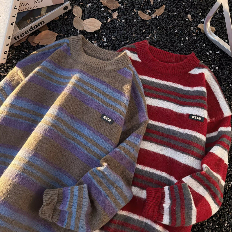 Unisex Striped Oversized Mohair-Look Sweater with Round Neck and Soft Texture Mune Fashion