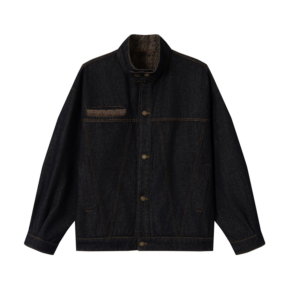 Unisex Boxy Jeans Jacket with high stand-up collar and woven trimmings Mune Fashion