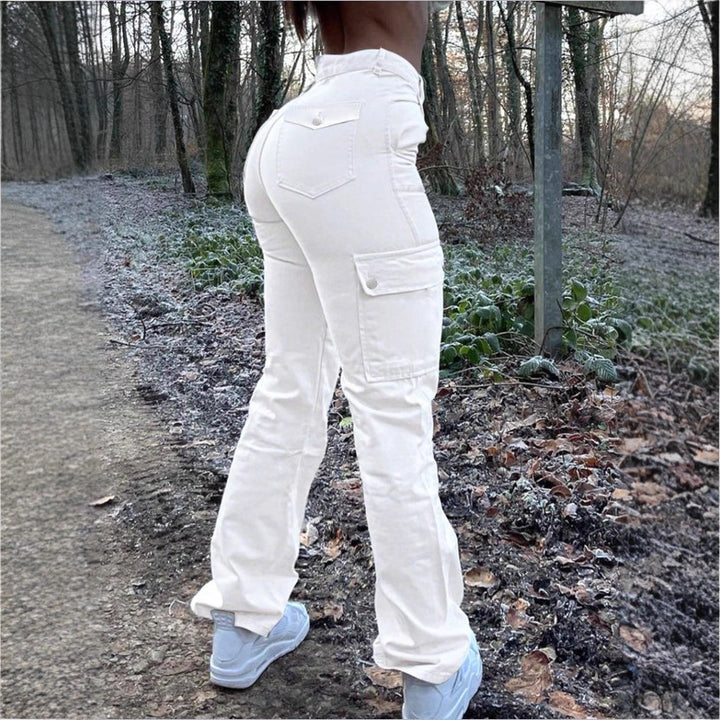 Women’s high-waisted cargo jeans with flared hem and functional flap pockets Mune Fashion