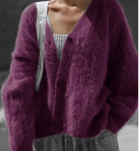 Women Fluffy Mohair-Optic Cardigan with V-Neck and Oversize Cut Mune Fashion