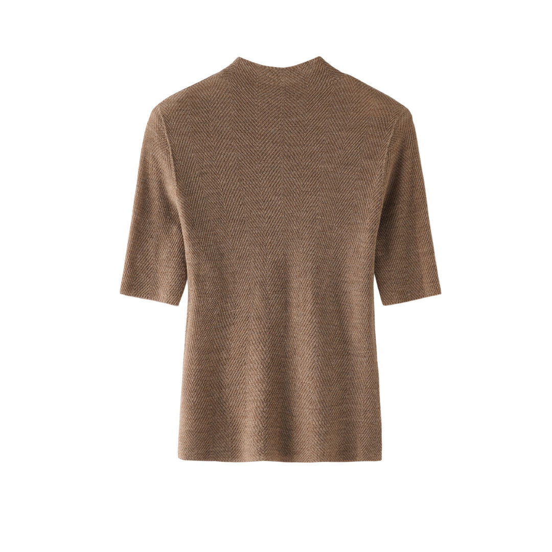 Women's fine-knit top with stand-up collar, elbow-length sleeves, and herringbone structure Mune Fashion