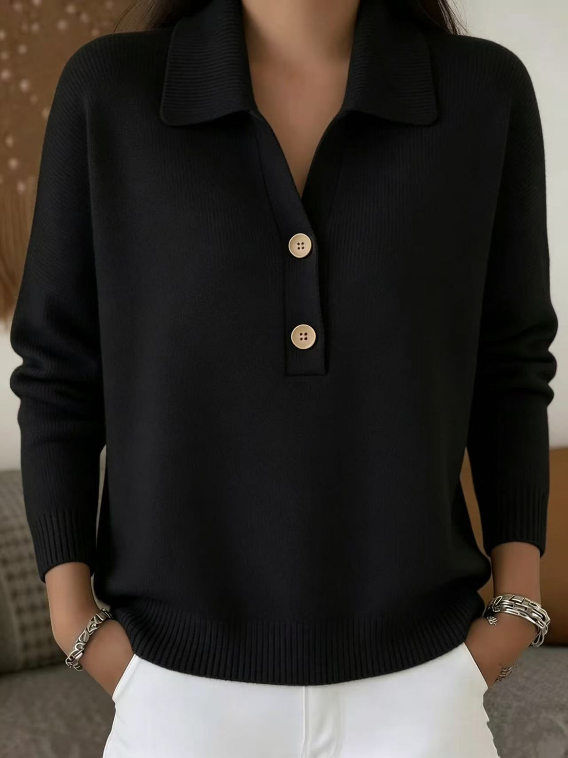 Women's casual fine knit polo collar sweater with two-button placket Mune Fashion
