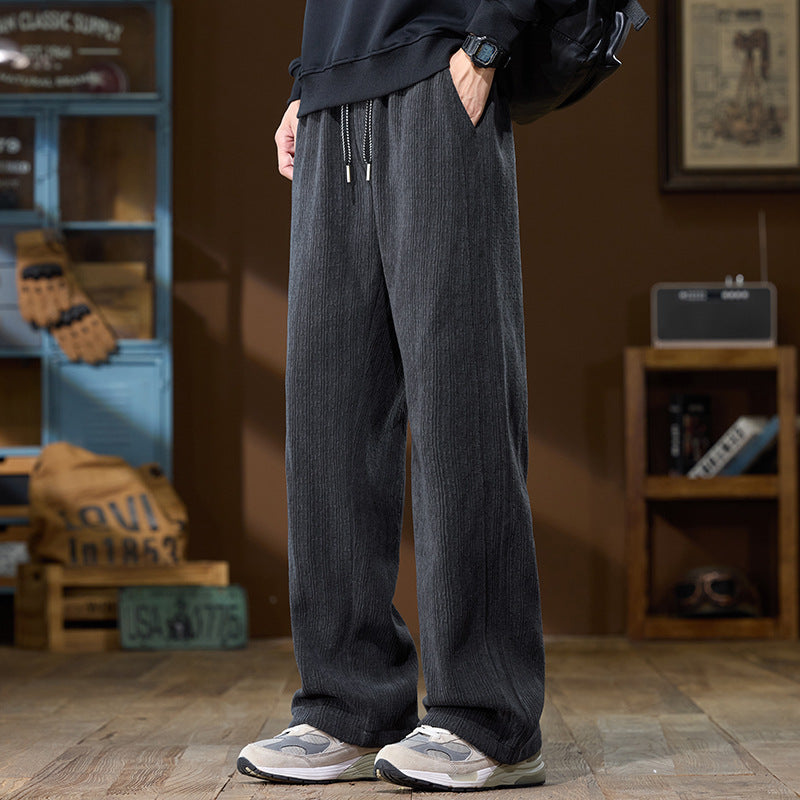 Men's Wide-Cut Lounge Pants made of Ribbed Structured Fabric with Elastic Waistband and Drawstring Mune Fashion