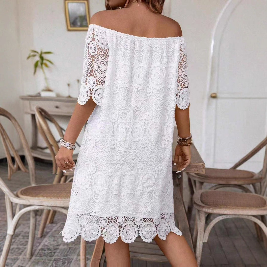 Women's off-shoulder crochet midi dress with sweetheart neckline and floral lace trim Mune Fashion