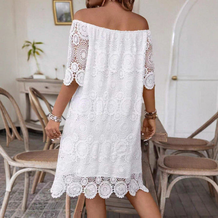 Women's off-shoulder crochet midi dress with sweetheart neckline and floral lace trim Mune Fashion