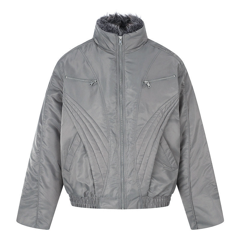 Women's padded bomber jacket with high stand-up collar, faux fur lined collar and zippered pockets Mune Fashion