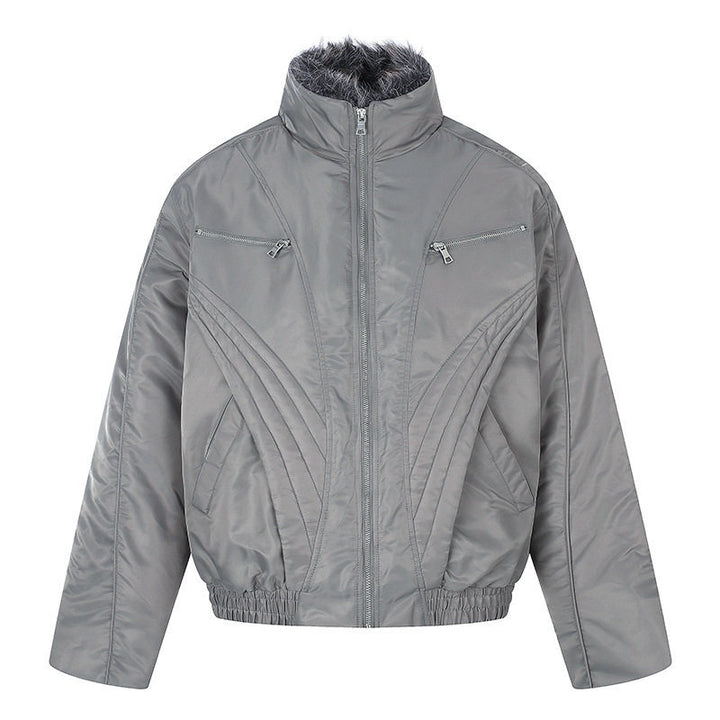 Women's padded bomber jacket with high stand-up collar, faux fur lined collar and zippered pockets Mune Fashion