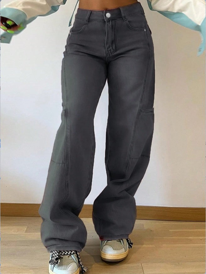 Women's High-Waist Wide Cargo Denim Pants with Seam Panels and Baggy Silhouette Mune Fashion