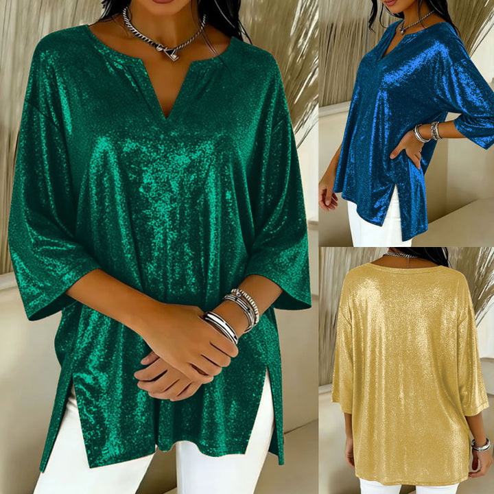 Ladies Shiny Oversize Tunic Shirt with V-Neck and Side Slits Mune Fashion
