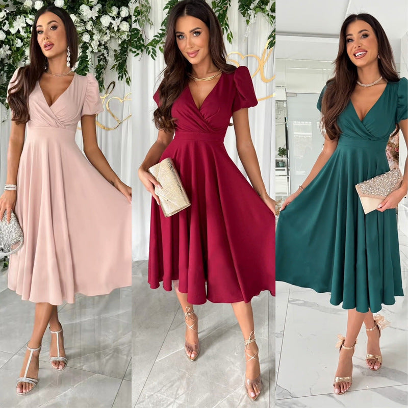 Women's A-line dress with puff sleeves and narrow V-neck Mune Fashion