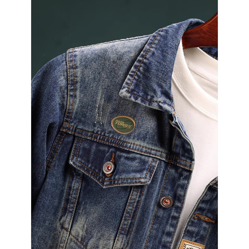 Men's Vintage Washed Denim Jacket with Brand Patches, Chest Flaps, and Straight Cut Mune Fashion
