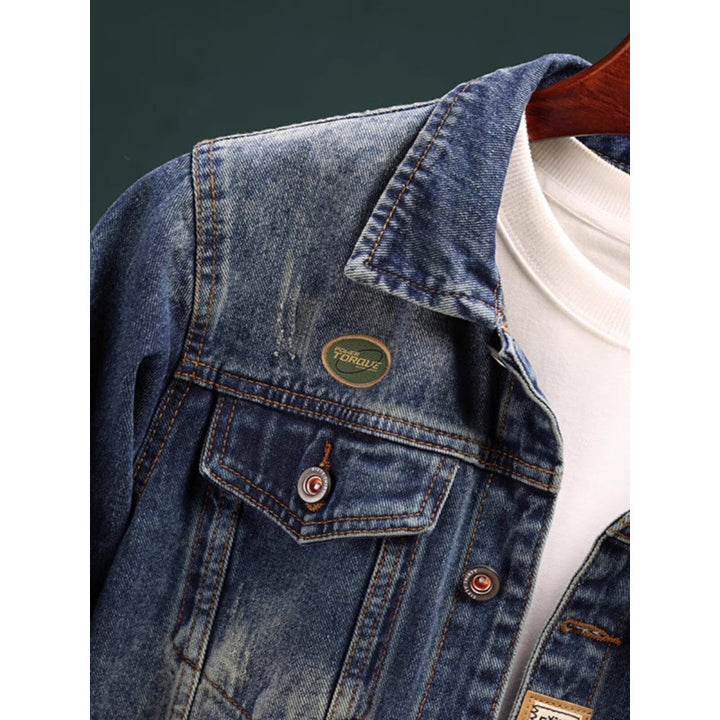 Men's Vintage Washed Denim Jacket with Brand Patches, Chest Flaps, and Straight Cut Mune Fashion
