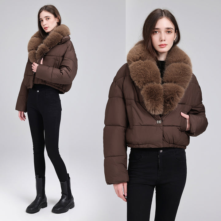 Women's Short Quilted Puffer Bomber Jacket with Extra Wide Faux Fur Collar Mune Fashion