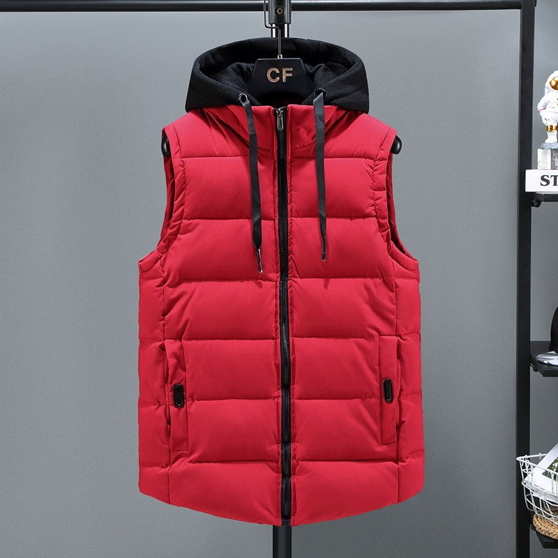 Men's Padded Hooded Vest with Stand-up Collar, Full-length Zipper and Drawstring Mune Fashion