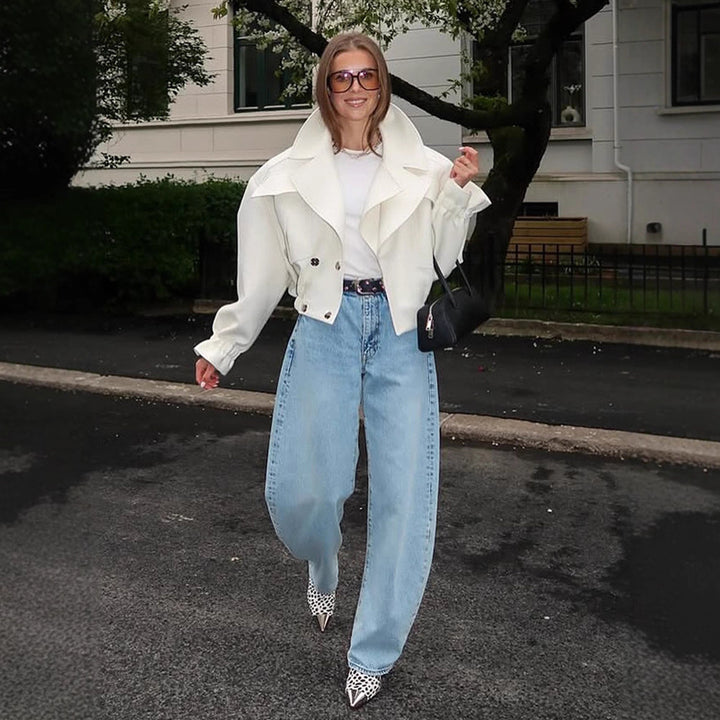 Women's Oversized Boxy Blouse with voluminous sleeves and high-cut pleated pants Mune Fashion