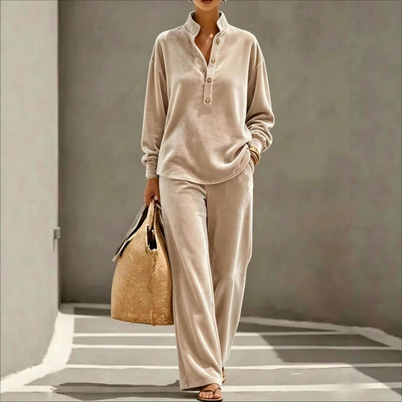Ladies Velour Loungewear Set with Stand Collar Henley Top and Wide Palazzo Pants Mune Fashion