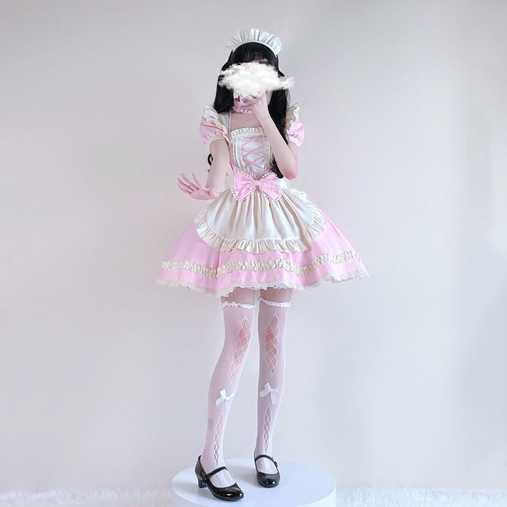 Ladies playful maid dress with ruffle details and satin accents Mune Fashion