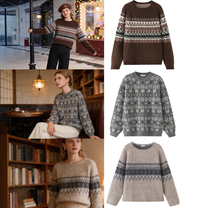 Women Oversize Mohair-Mix Sweater with Round Neck and Fair Isle Pattern Mune Fashion