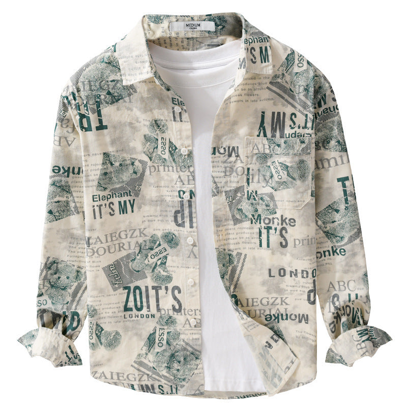 Men's overshirt made of cotton-linen with typographic newspaper print and relaxed fit Mune Fashion