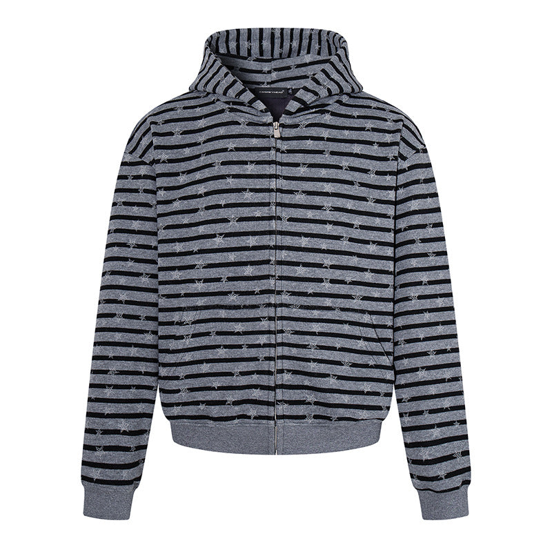 Women Casual Hooded Zip Jacket in Striped Jacquard with Star Structure Mune Fashion
