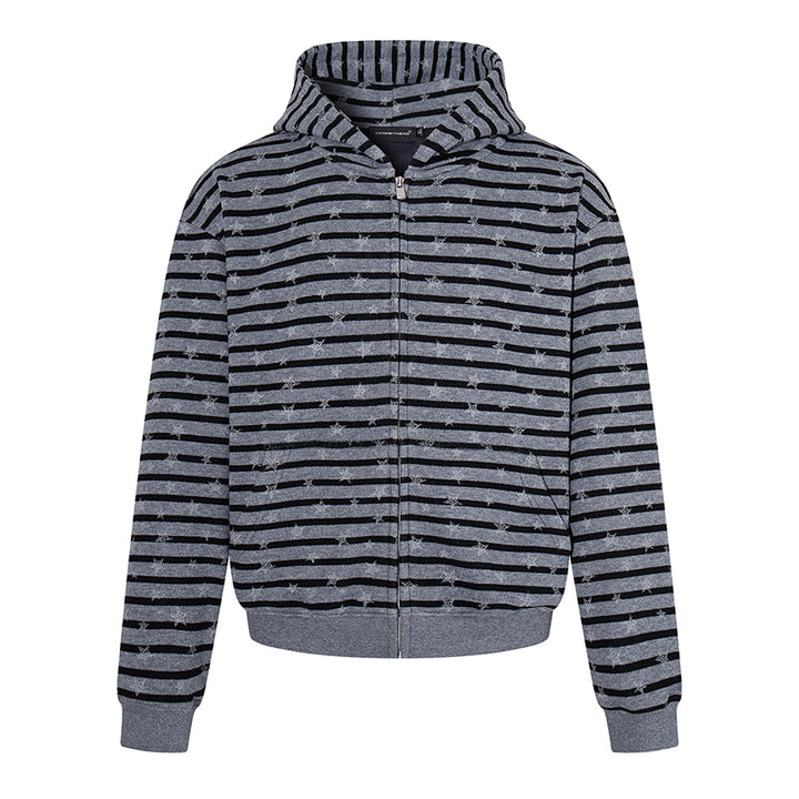 Women Casual Hooded Zip Jacket in Striped Jacquard with Star Structure Mune Fashion