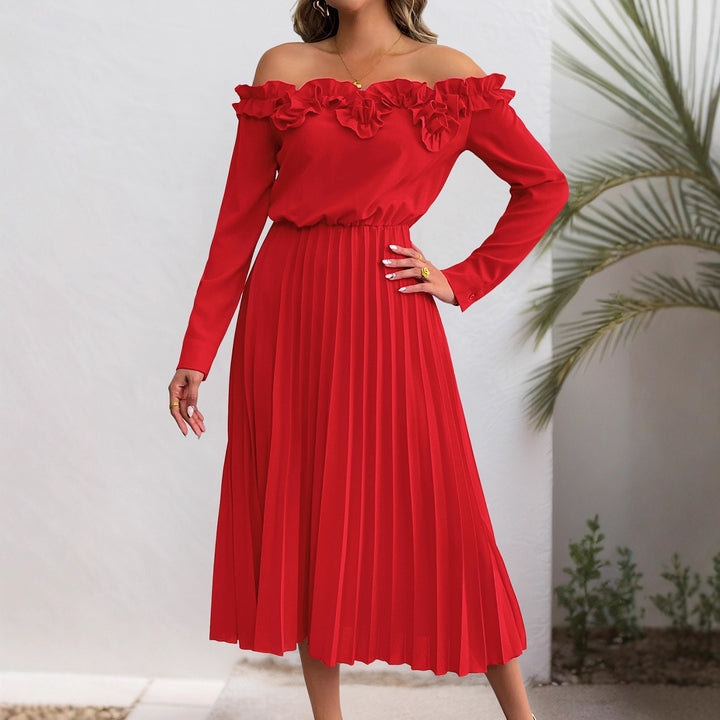 Women Elegant Off-Shoulder Pleated Dress Mune Fashion