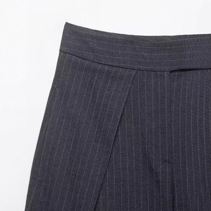 Women's High-Waisted Palazzo Pants with Wrap Overlay and Pinstripes Mune Fashion