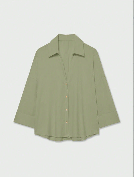 Women's Lightweight Oversized Linen Look Blouse with Three-Quarter Sleeves and Full Button Placket Mune Fashion