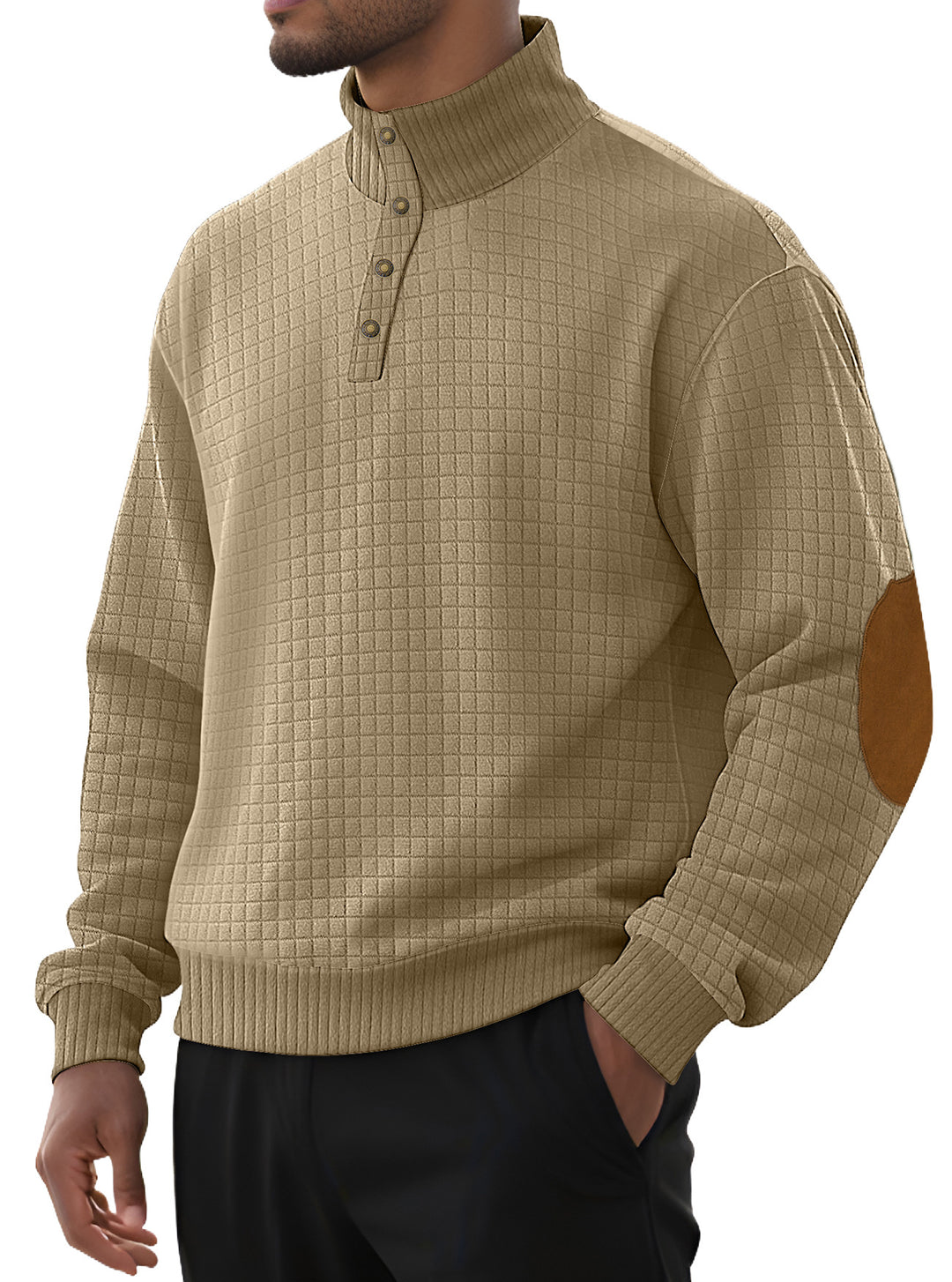 Men's plaid quilted sweatshirt with Henley placket, high stand-up collar, and velour elbow patches Mune Fashion