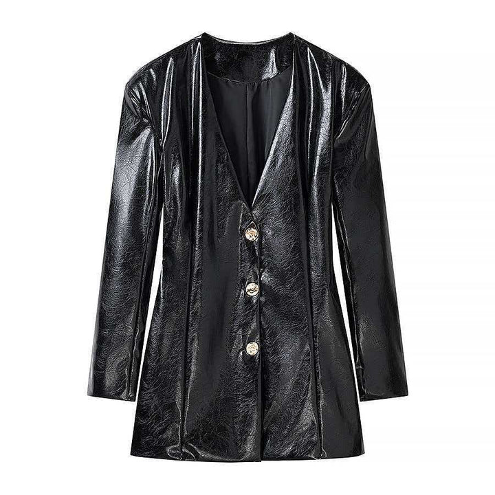 Ladies Long Patent Leather Blazer with Tailored Silhouette, Deep V-Neck and Decorative Buttons Mune Fashion