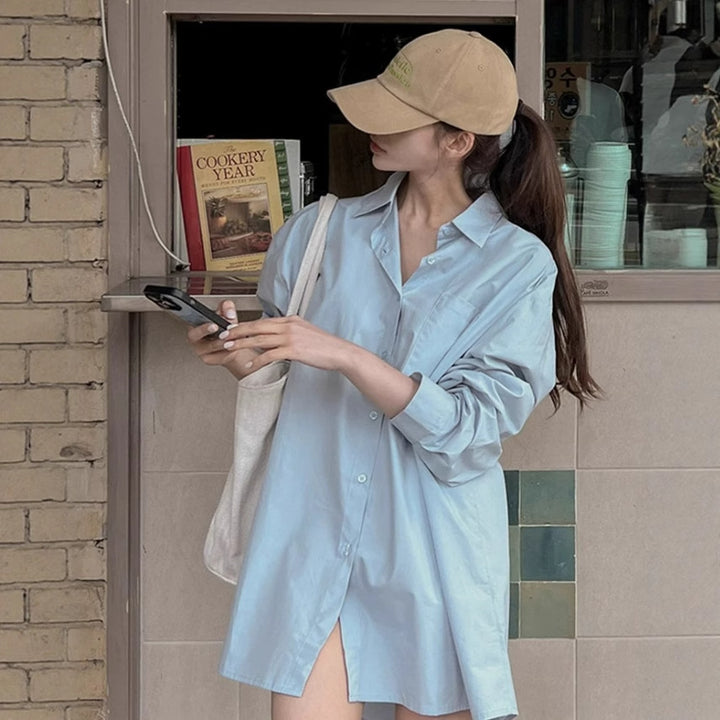 Women Lightweight Oversized Poplin Shirt Dress with Boxy Silhouette and Wide Cuffs Mune Fashion