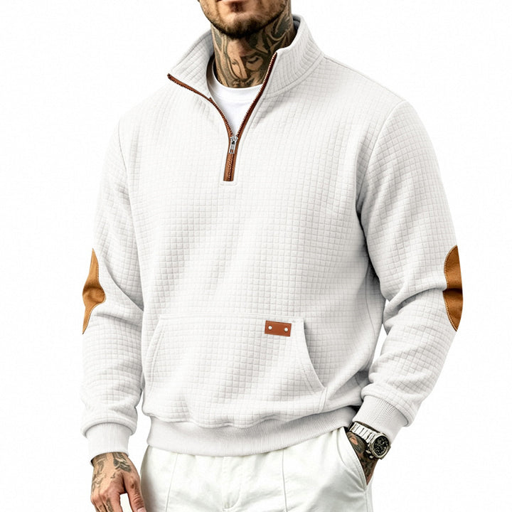 Men's Textured Half-Zip Sweatshirt with Waffle Structure, Kangaroo Pocket and Leather Elbow Patches Mune Fashion