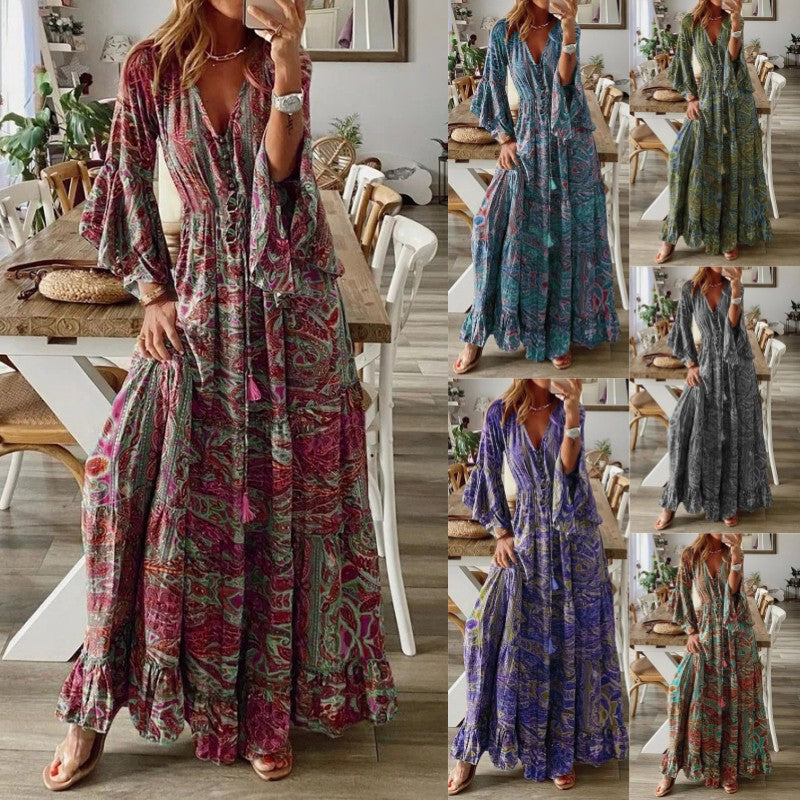 Women’s Boho Maxi Dress with Paisley Print, V-Neck, Ruffle Sleeves, and Waist Tie Belt Mune Fashion