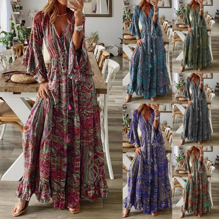 Women’s Boho Maxi Dress with Paisley Print, V-Neck, Ruffle Sleeves, and Waist Tie Belt Mune Fashion