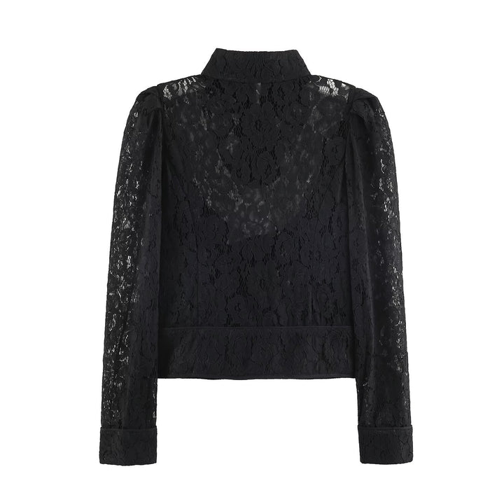 Ladies short-cut transparent lace blouse with stand-up collar, fabric button placket and gathered puff sleeves Mune Fashion