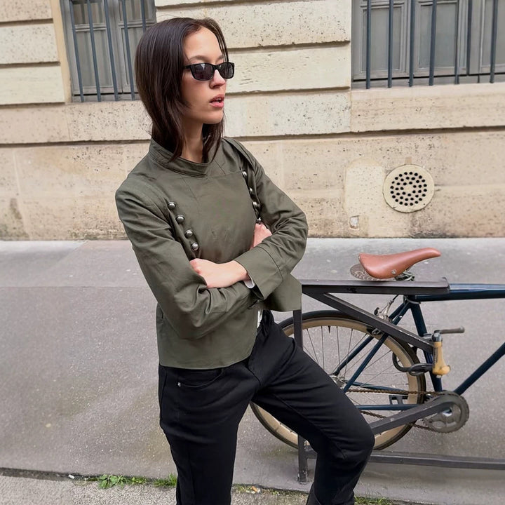 Women's Military-Inspired Short Jacket with Stand-Up Collar and Decorative Button Placket Mune Fashion