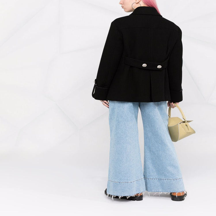 Women's Short Boxy Wool Blend Coat in Military Look with Decorative Round Buttons Mune Fashion