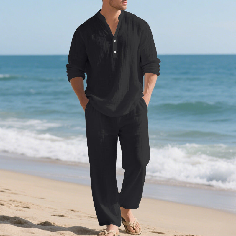 Men's nan casual Henley set in lightweight linen look with stand-up collar and elastic drawstring pants Mune Fashion