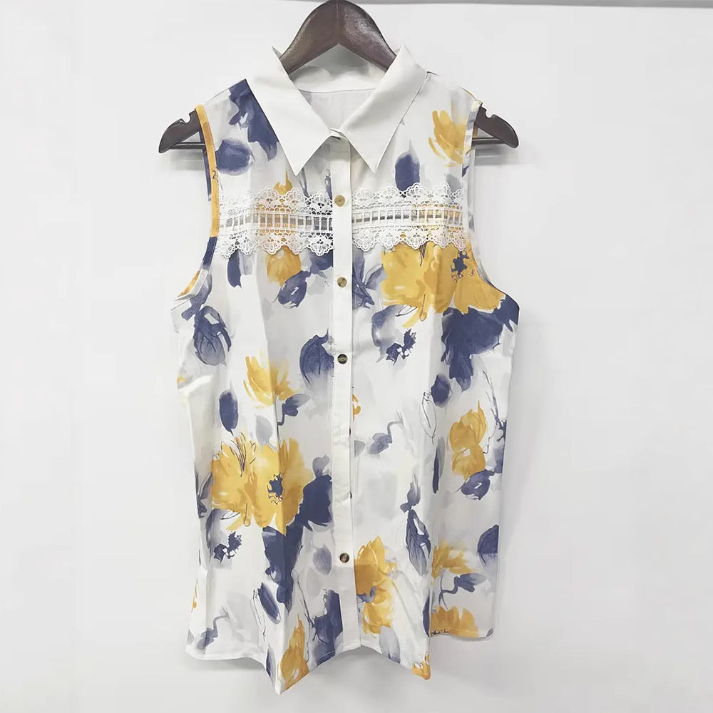 Women's satin imitation button-down top with lace yoke and pearl button placket Mune Fashion
