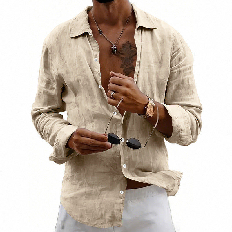 Men's airy relaxed linen shirt with open lapel, rounded hem, and roll-up sleeves Mune Fashion