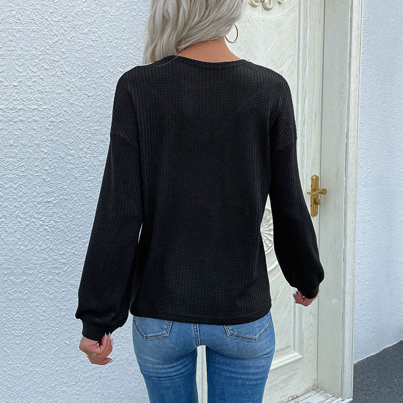 Ladies Waffle Knit Long Sleeve with Lace Yoke and V Insert Mune Fashion