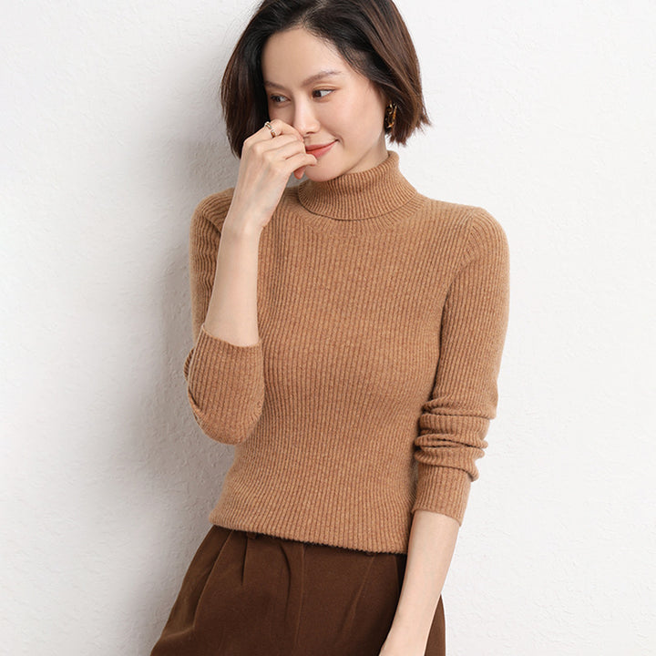 Women's Tailored Fine Knit Turtleneck Sweater with Fine Ribbed Texture and Cashmere Look Mune Fashion