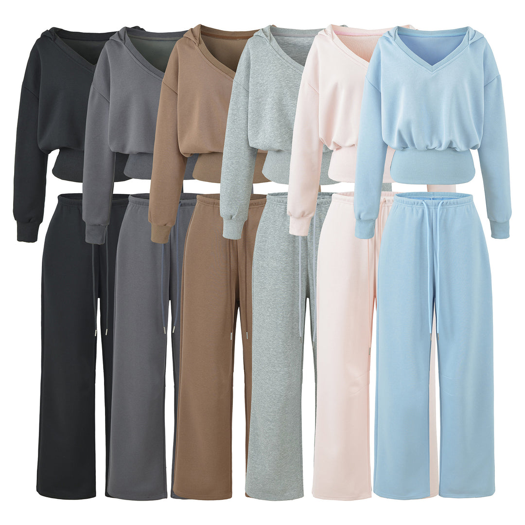 Women's Comfort Lounge Set with Short V Hooded Sweatshirt and High-Cut Wide-Leg Joggers Mune Fashion