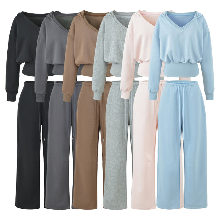 Women's Comfort Lounge Set with Short V Hooded Sweatshirt and High-Cut Wide-Leg Joggers Mune Fashion