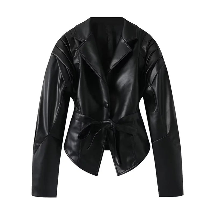 Women's tailored blazer coat with pleated shoulders, shawl collar, and tie belt Mune Fashion
