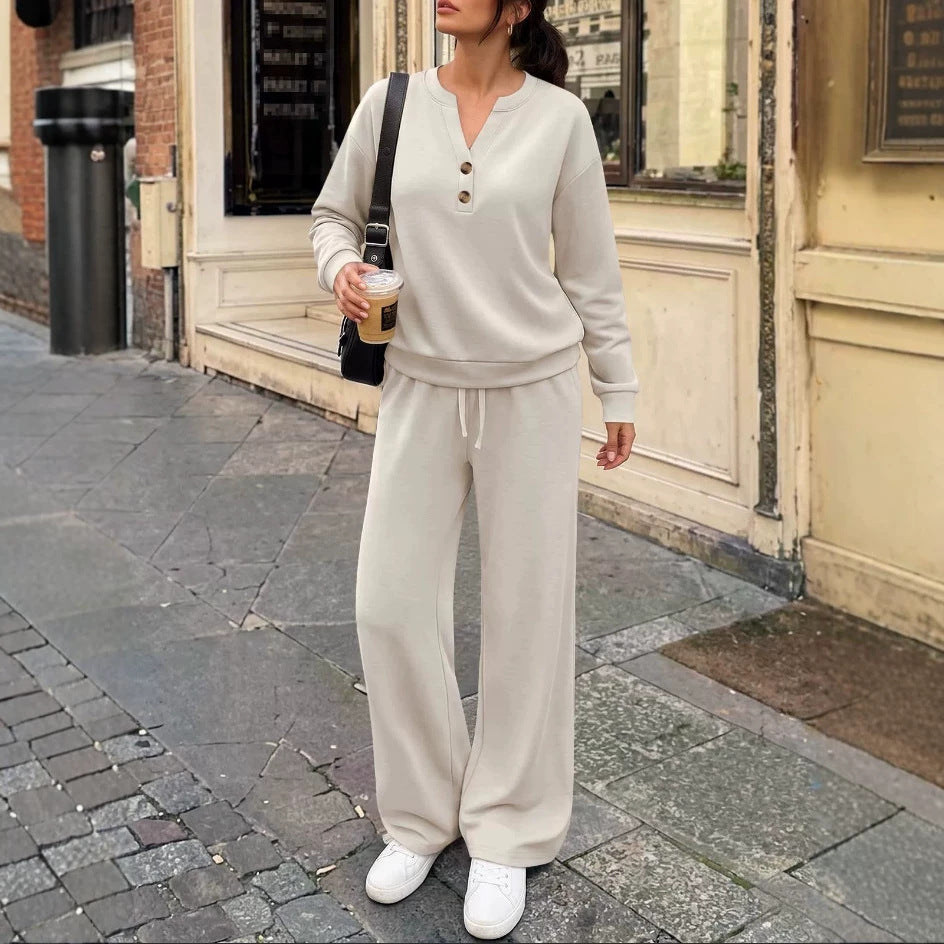 Ladies Lounge Set with Henley Collar and Palazzo Wide Jogging Pants Mune Fashion