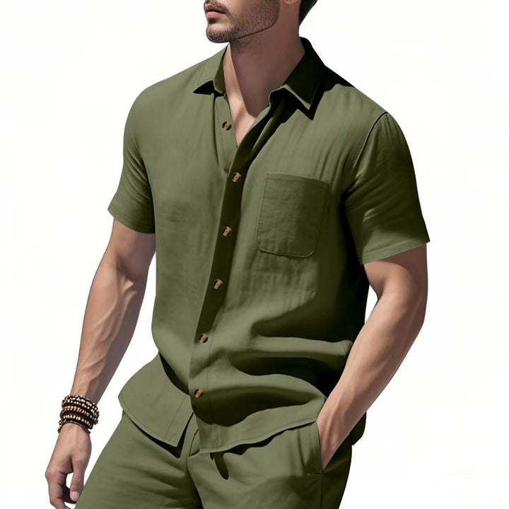Men's short-sleeve resort shirt made of linen blend with chest pocket and drawstring Bermuda Mune Fashion