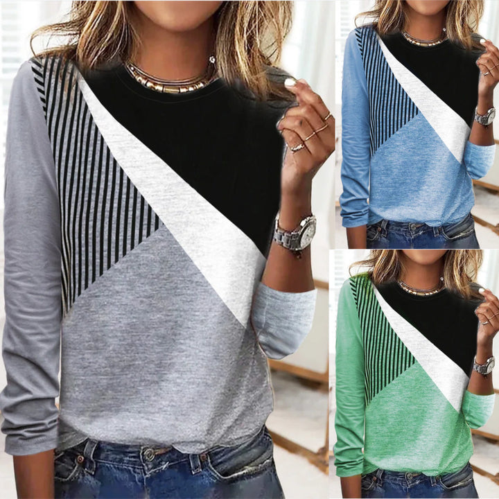 Women's Colorblock Long Sleeve Shirt with Diagonal Stripe Design and Round Neckline Mune Fashion