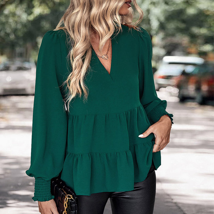 Women's Two-Tier Ruffle Blouse with V-Neck and Gathered Cuff Sleeves Mune Fashion